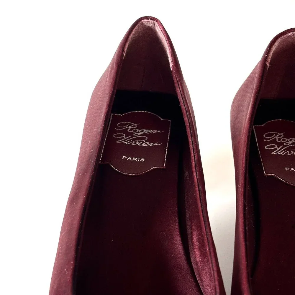 Vintage Roger Vivier Burgundy Satin Buckle Heels Crystal Pumps